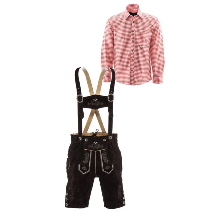 Korte lederhosen bruin en rood overhemd set